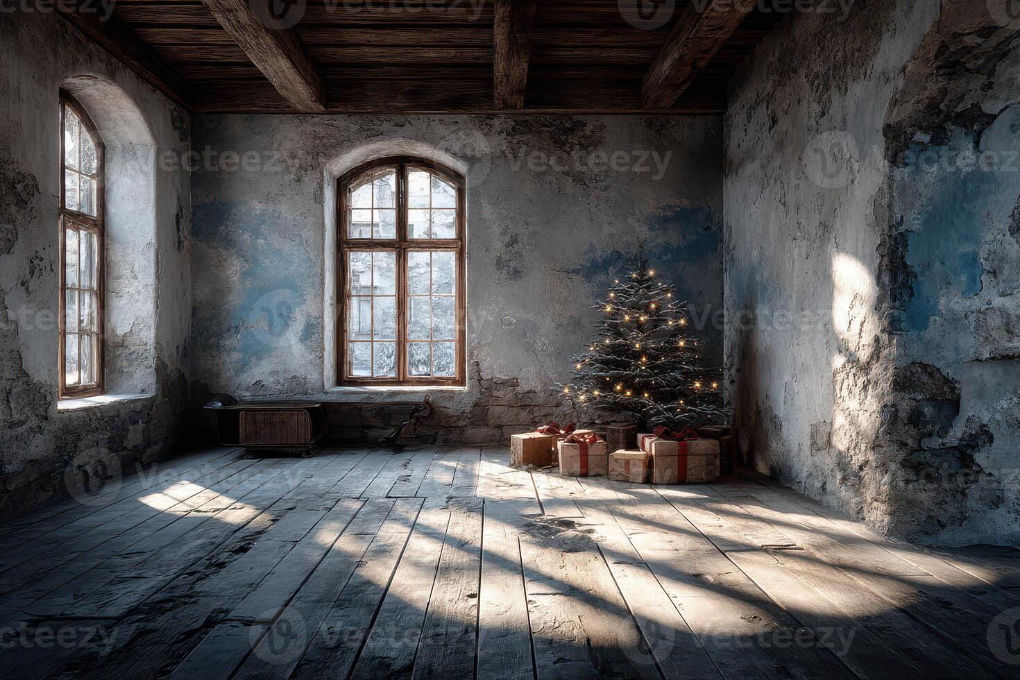 Old room decorated for Christmas with a tree and presents in soft light photo