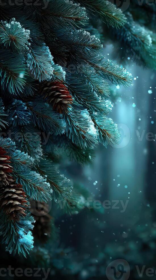 Snow-covered pine branches with pine cones in a tranquil forest setting during winter photo