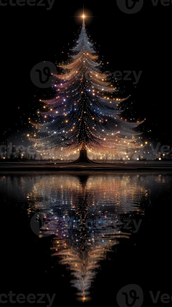 Brightly lit Christmas tree with sparkling decorations and reflection in water at night in a serene winter landscape photo