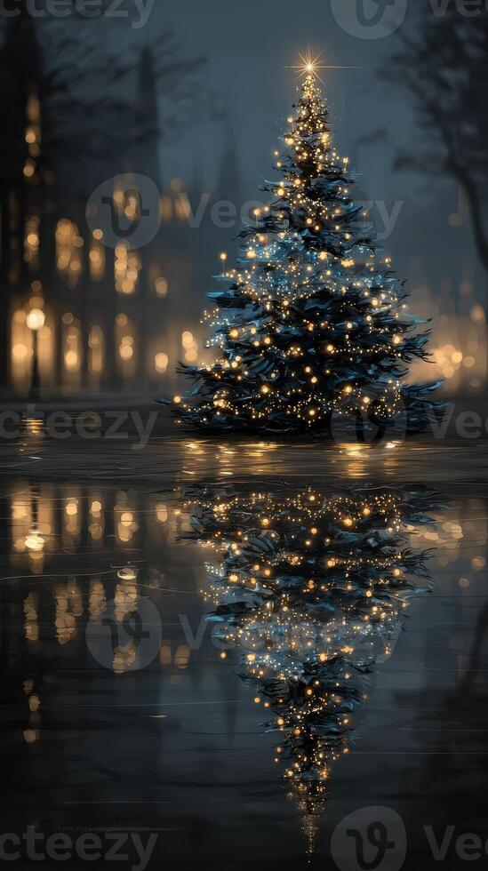 Christmas tree decorated with lights reflecting in water at night near city buildings photo