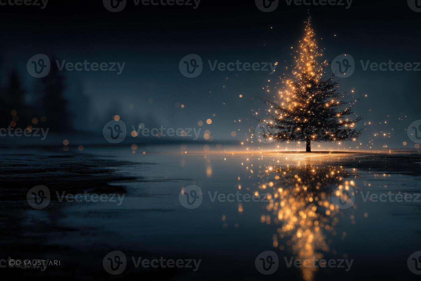 Christmas tree adorned with sparkling lights reflecting in a tranquil winter landscape at night photo