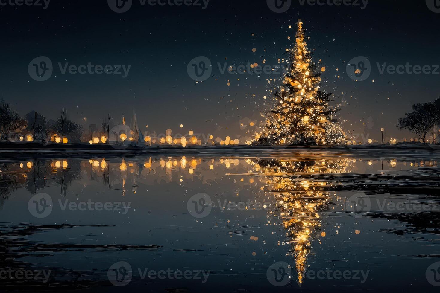 Sparkling Christmas tree reflection in a winter park illuminated by festive lights at night photo