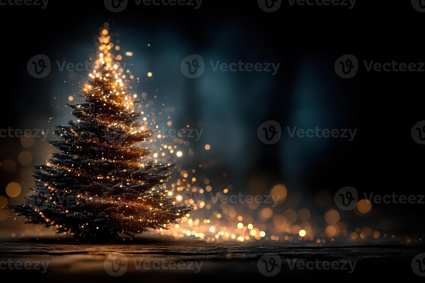 Magical illuminated Christmas tree with sparkling lights in a serene winter setting at night photo