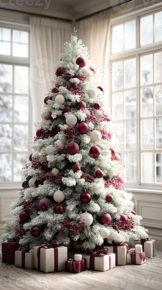 Elegant white and burgundy Christmas tree adorned with ornaments and gifts in a cozy living room photo