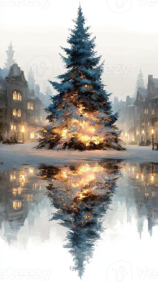 Majestic illuminated Christmas tree reflecting in a serene winter street scene photo