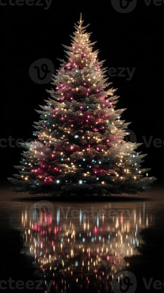 Christmas tree illuminated with colorful lights reflecting on polished floor in dark setting photo