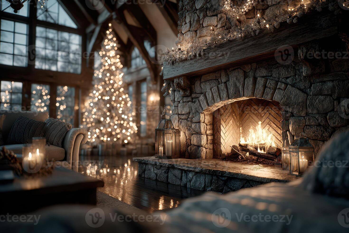 Cozy winter evening by the fireplace with a beautifully decorated Christmas tree in a rustic living room photo