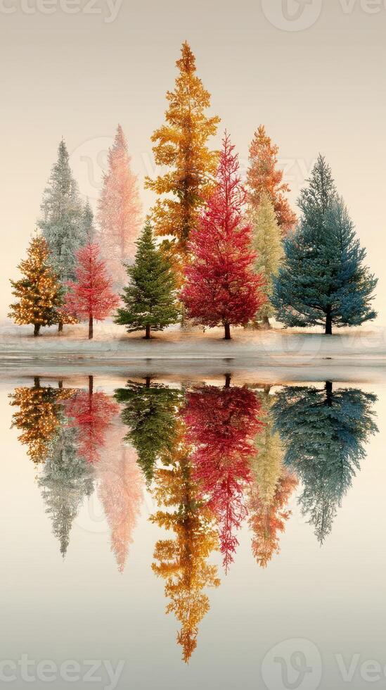 Autumn forest with colorful trees reflecting on calm water during sunrise in a serene landscape photo