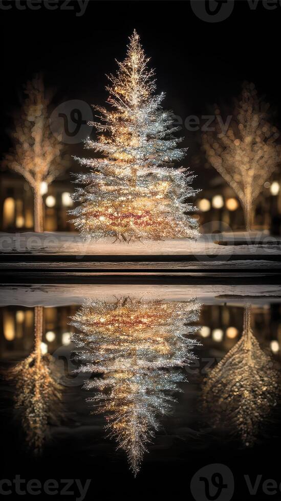 Beautifully illuminated Christmas tree reflecting in water at night in a festive city square during the holiday season photo