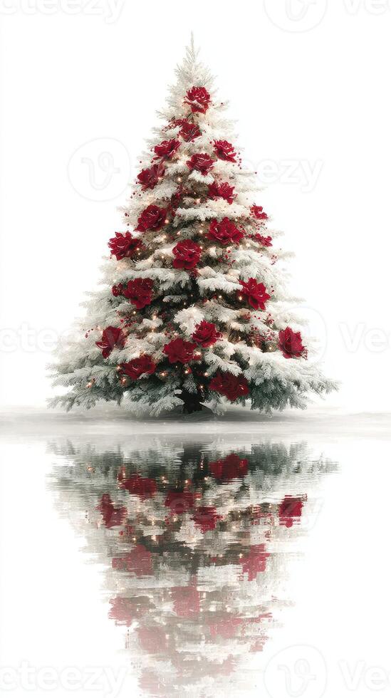 Beautiful snowy Christmas tree adorned with red flowers, reflecting on a white surface during the holiday season photo