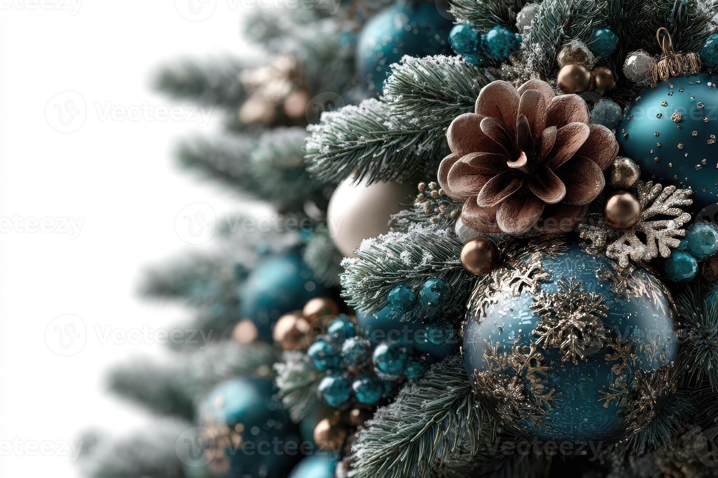 Decorative Christmas tree adorned with blue ornaments and pinecones in a festive display photo