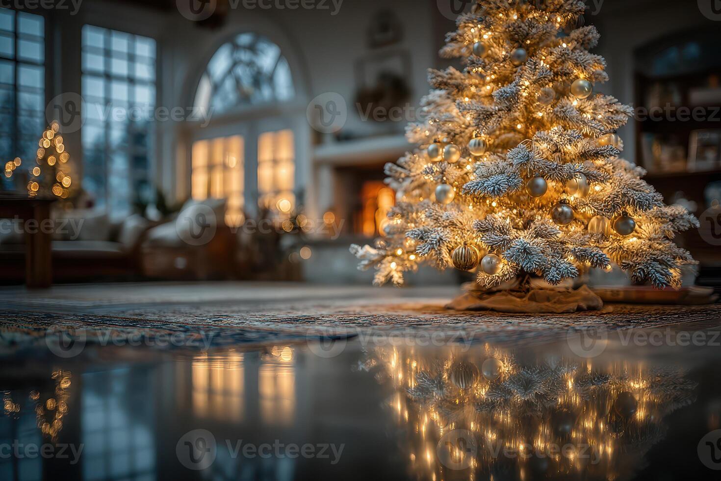 Cozy winter evening with a beautifully decorated Christmas tree and warm ambiance in a stylish living room photo
