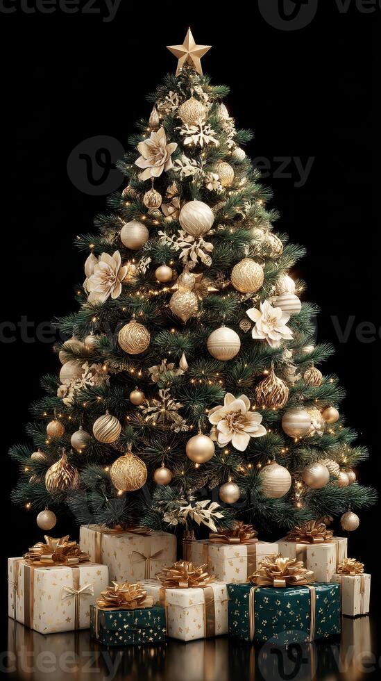 Elegant Christmas tree adorned with gold ornaments and gifts under soft lights at holiday celebration photo