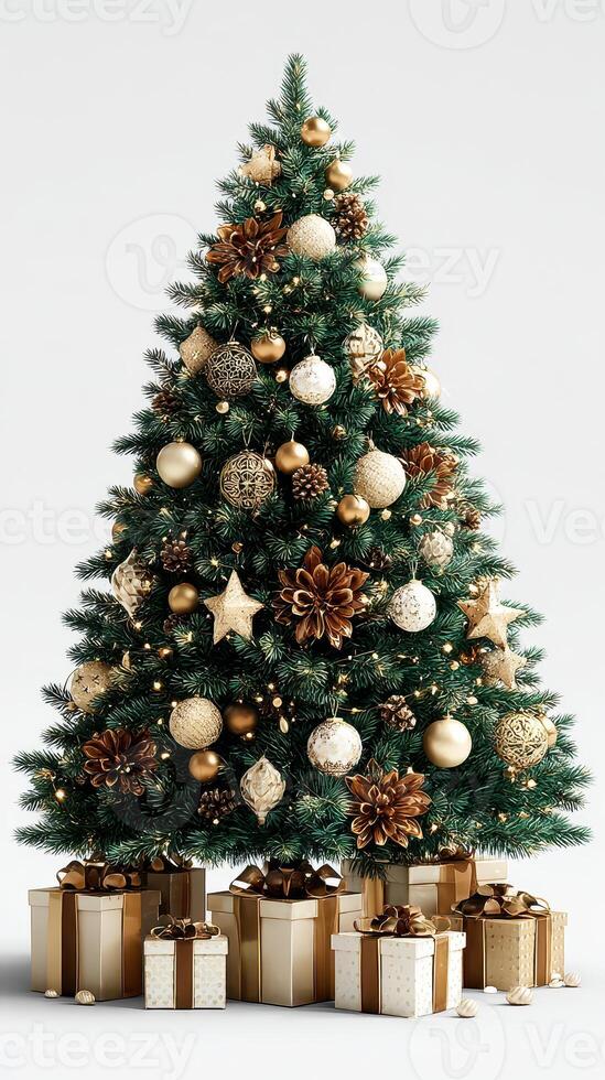 Elegant Christmas tree decorated with gold ornaments and gifts at home during festive holiday season photo