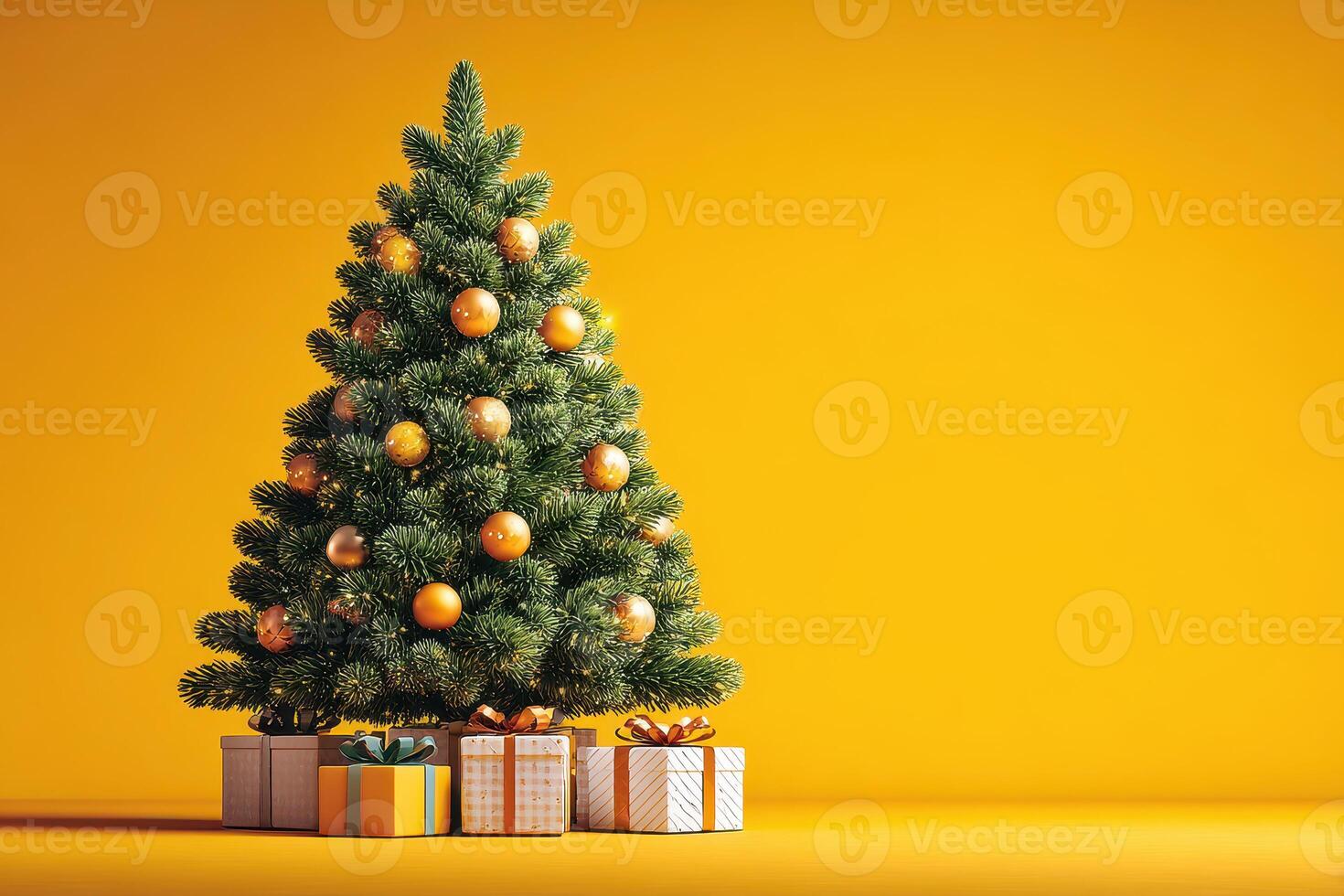 Festive Christmas tree adorned with golden ornaments and surrounded by colorful gifts against a vibrant yellow background photo