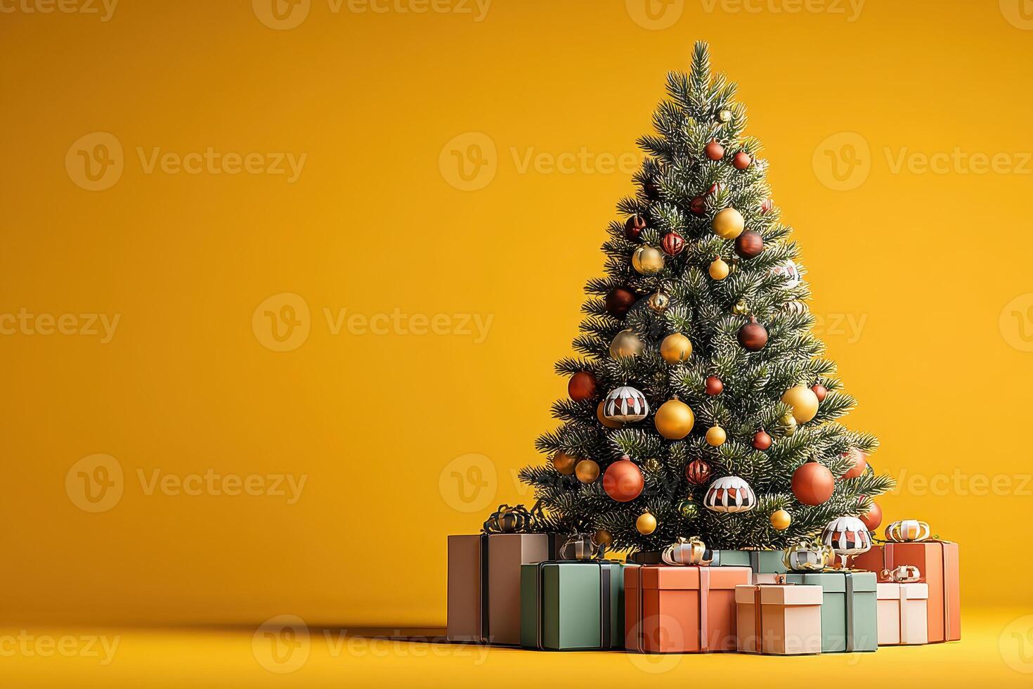 Brightly decorated Christmas tree with colorful ornaments and wrapped gifts in festive display photo