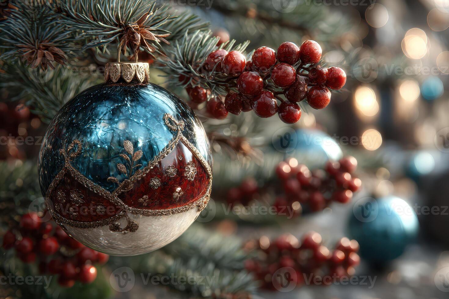 Beautifully decorated Christmas ornament hanging on a festive pine tree with seasonal berries during winter celebrations photo