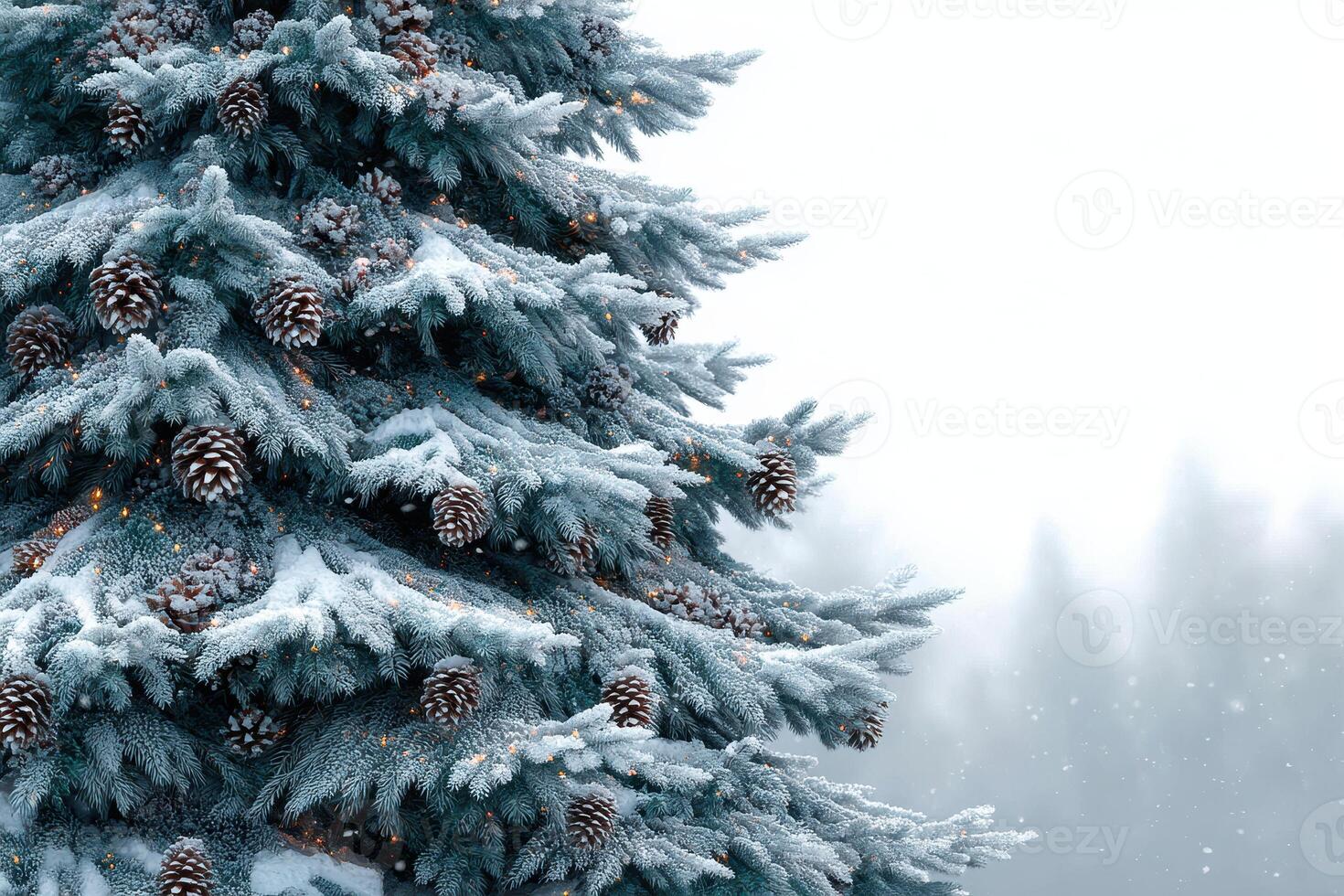 Frost-covered evergreen tree adorned with pinecones in a winter landscape during snowfall photo