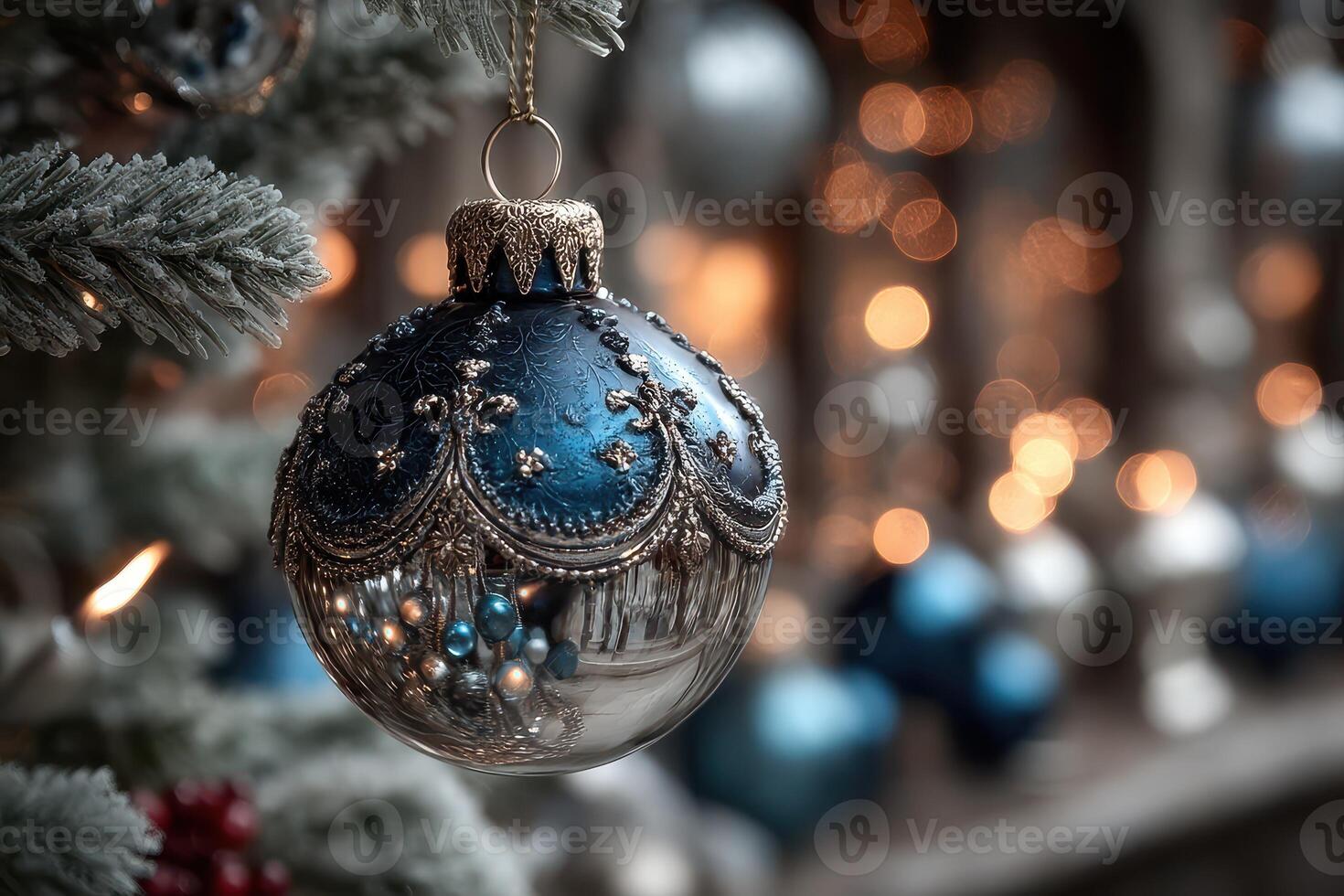 Elegant blue ornament hanging on a decorated Christmas tree with warm lights in the background photo