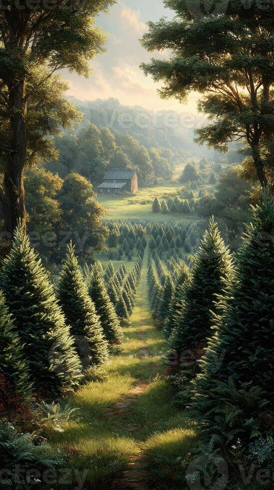 Serene view of a lush evergreen farm with a rustic barn nestled among the trees during early morning light photo