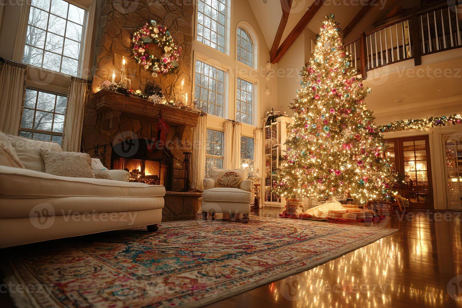 Cozy living room decorated for Christmas featuring a beautifully lit tree and warm fireplace photo