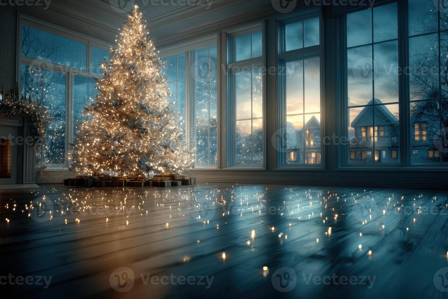 Cozy holiday evening with decorated Christmas tree in a warmly lit room with large windows overlooking a snowy landscape photo