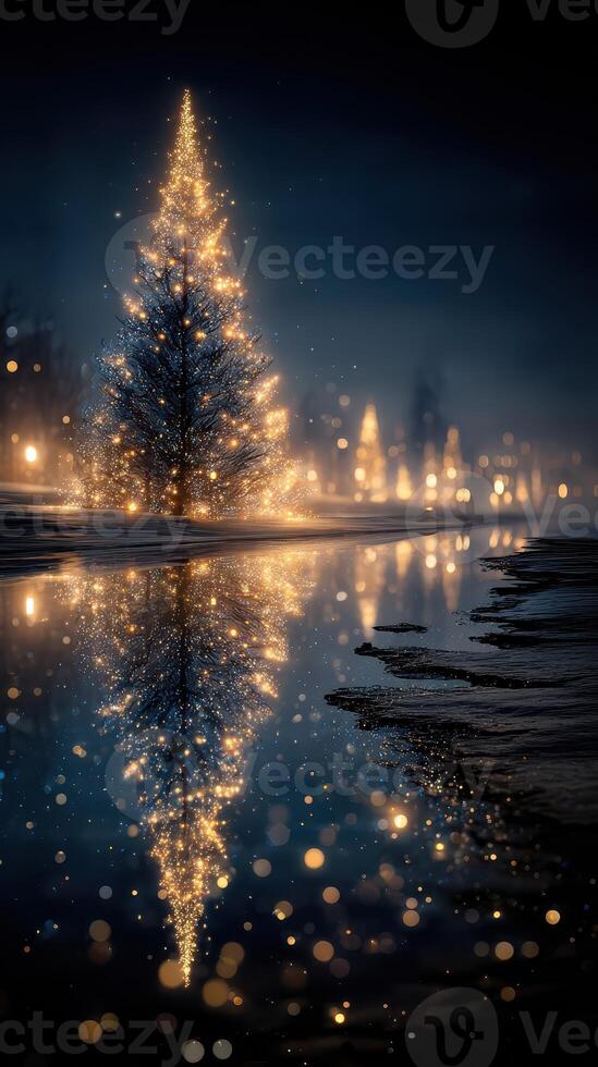Nighttime reflection of illuminated Christmas trees by a frozen lake with city lights in the background during holiday season photo