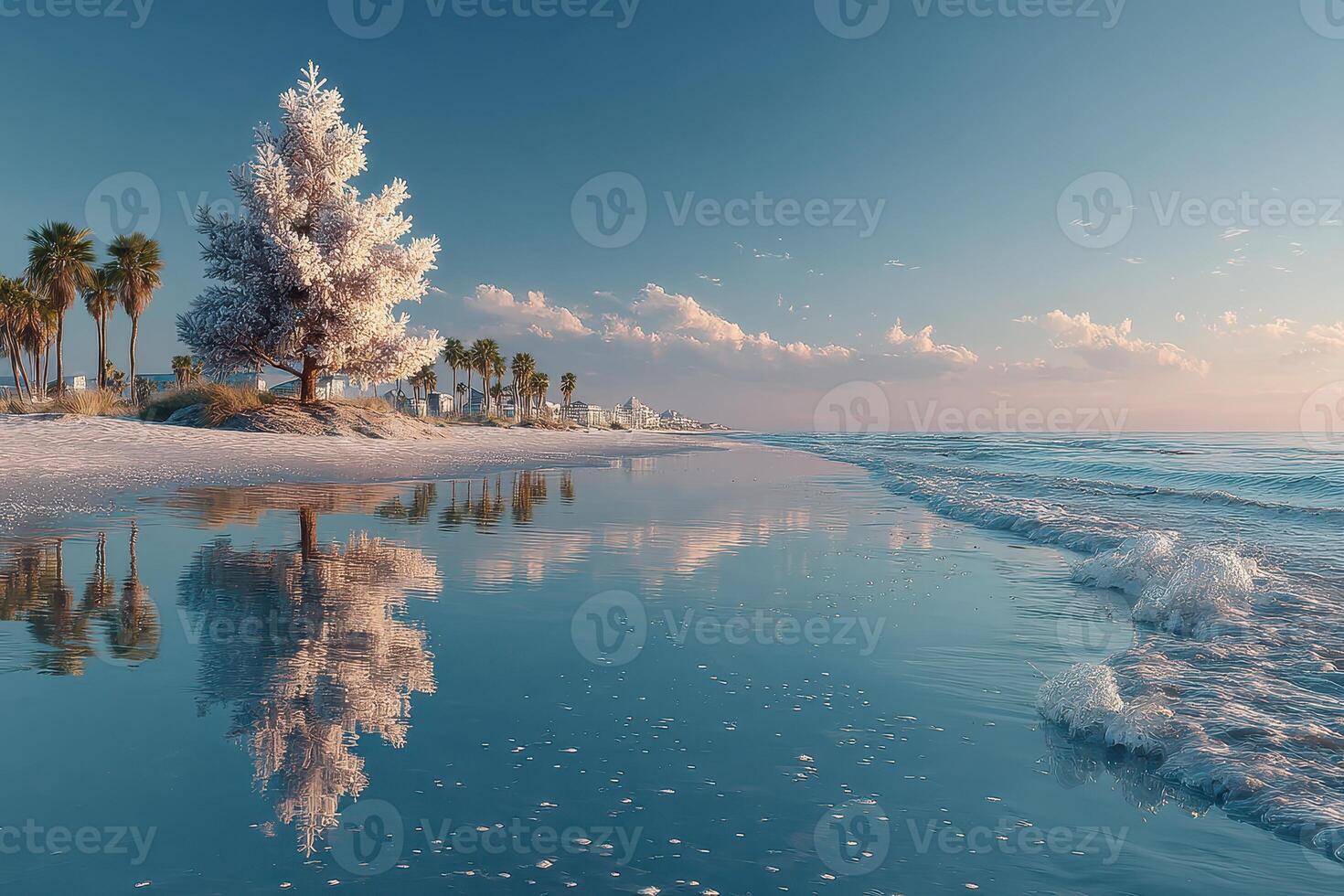Serene beach landscape with palm trees and calm waves during twilight hours at a coastal location photo