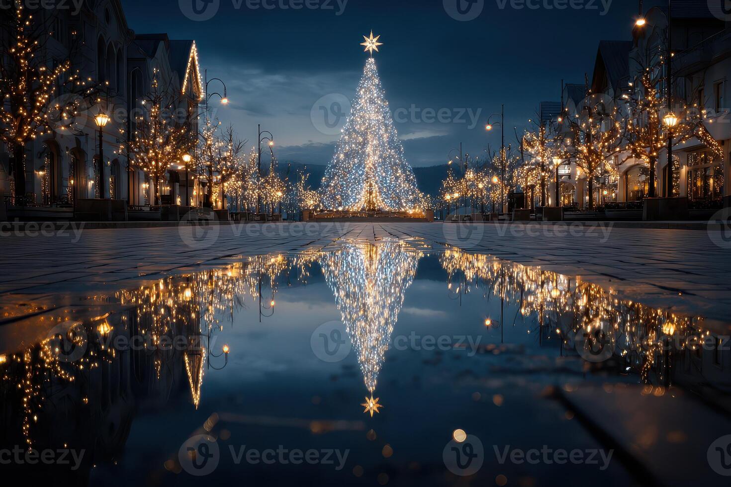 Festive evening in a city square adorned with a dazzling Christmas tree and twinkling lights reflecting in the rain puddles photo