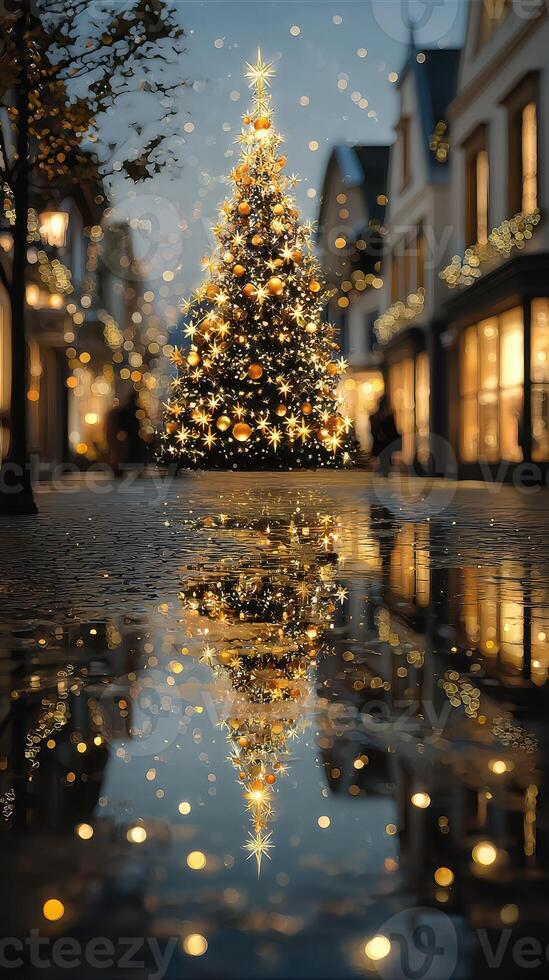 Holiday season sparkles in city square with illuminated Christmas tree and festive reflections on the pavement photo