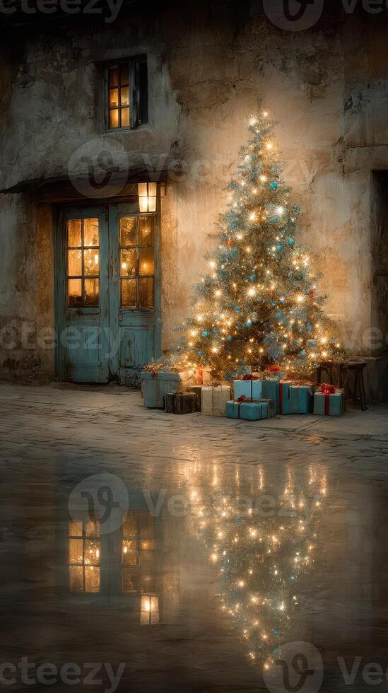 Cozy winter evening with a decorated Christmas tree and glowing reflections outside a rustic building photo