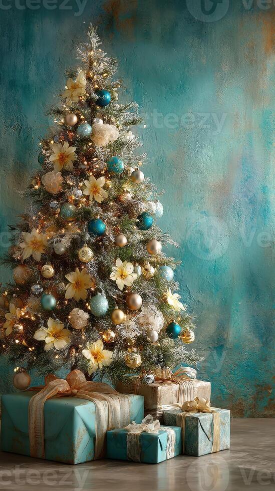 Beautifully decorated Christmas tree with gifts in a cozy, turquoise-themed setting near the end of the year photo