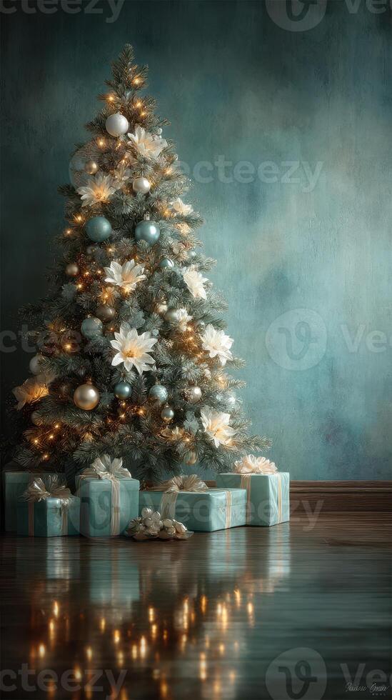 Elegant Christmas tree adorned with lights and soft blue decorations surrounded by wrapped gifts photo