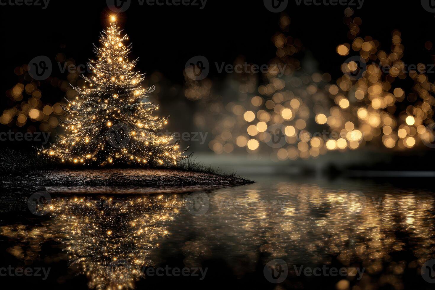 Sparkling Christmas tree illuminates serene lakeside during festive night celebration photo