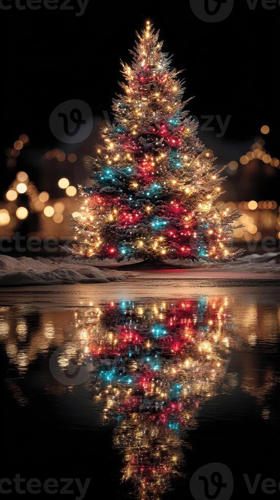Christmas tree adorned with colorful lights reflecting on water at night in a festive setting photo