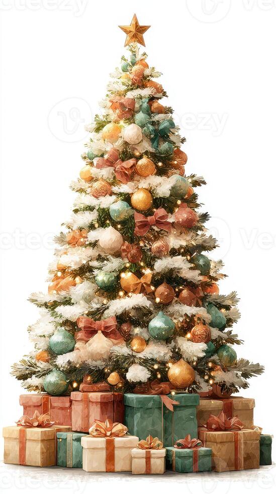Decorative Christmas tree with colorful ornaments and presents displayed beneath it in a cozy setting during the holiday season photo