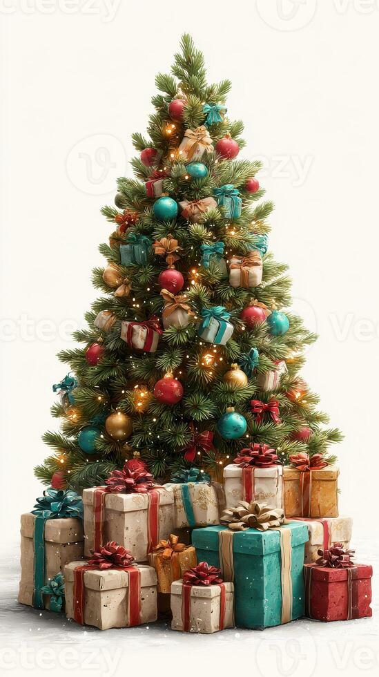 Decorated Christmas tree surrounded by colorful presents in a cozy indoor setting during the holiday season photo
