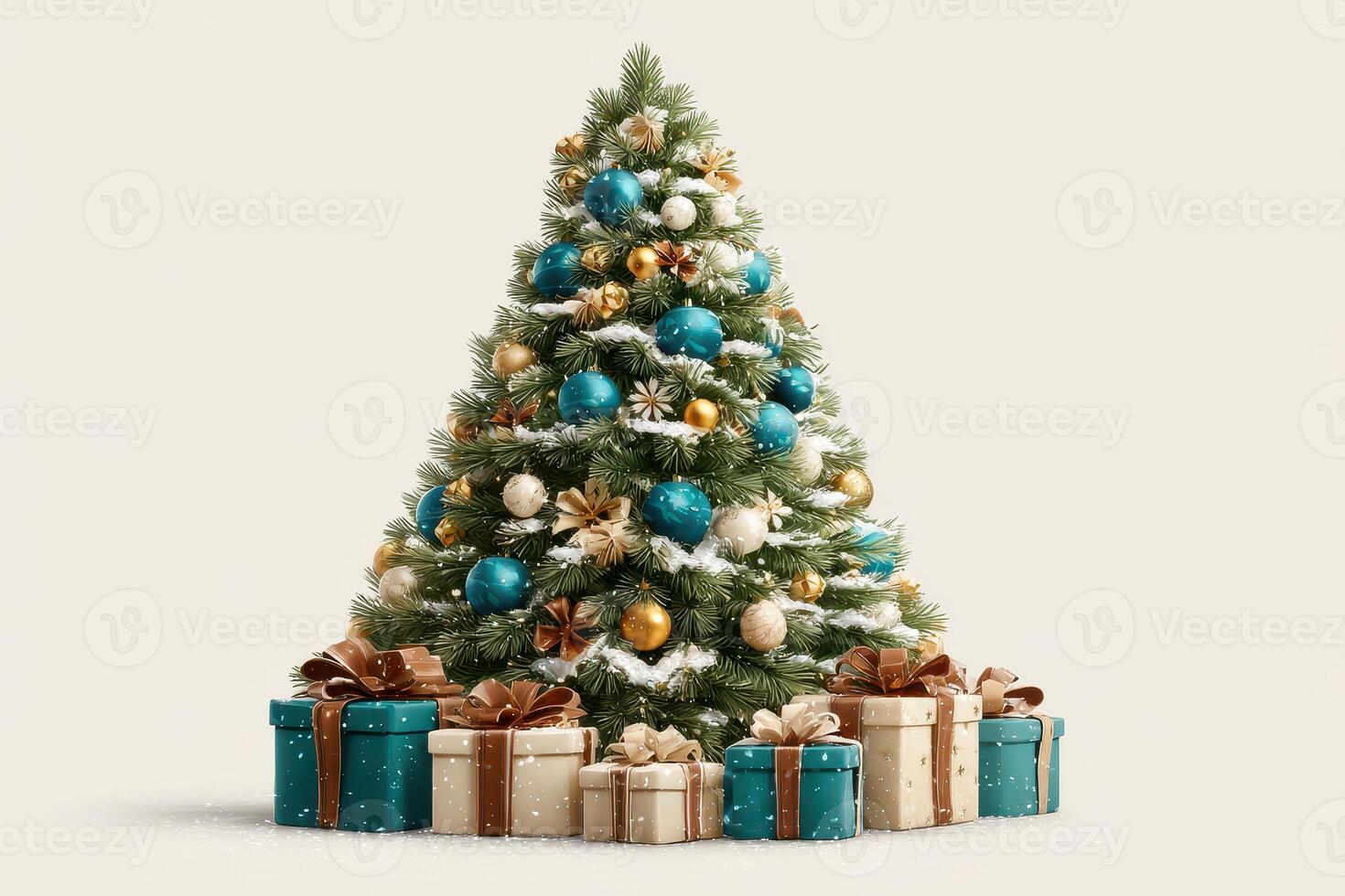 Christmas tree adorned with blue and gold ornaments surrounded by wrapped gifts photo