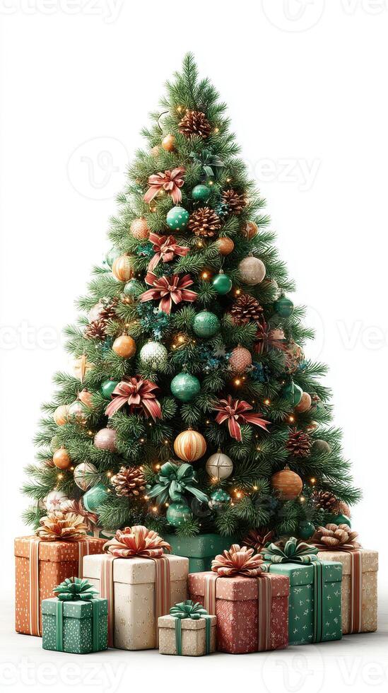 Colorful Christmas tree adorned with ornaments and gifts in a festive setting photo