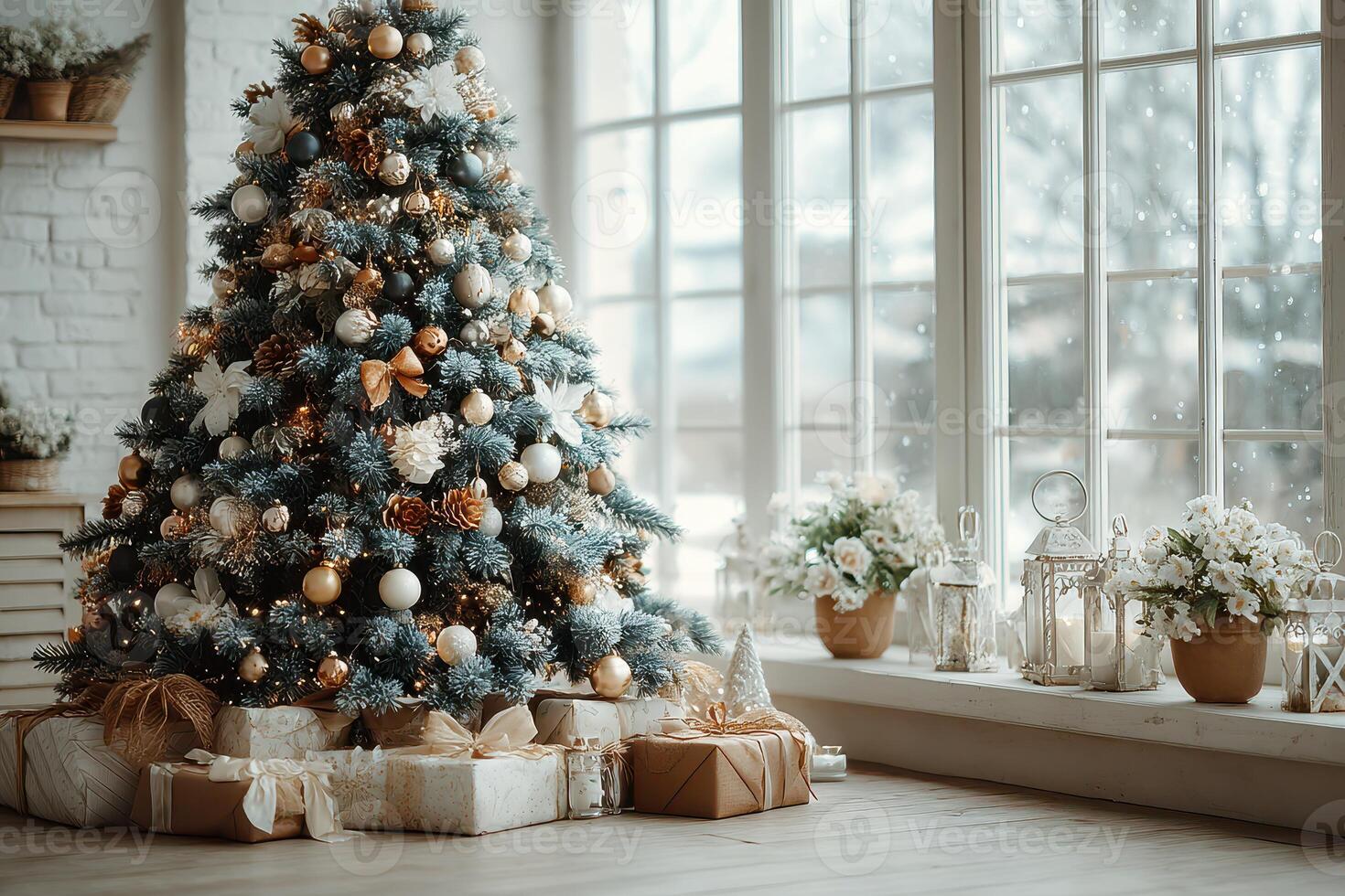 Decorative Christmas tree adorned with golden ornaments and gifts near a snowy window photo