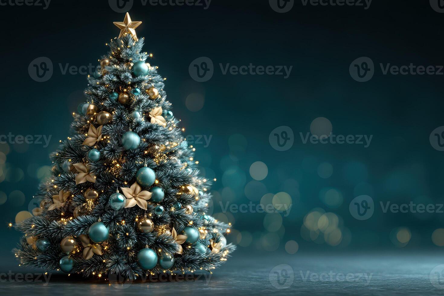 Festive Christmas tree decorated with blue and gold ornaments illuminated with soft lights in a winter setting photo