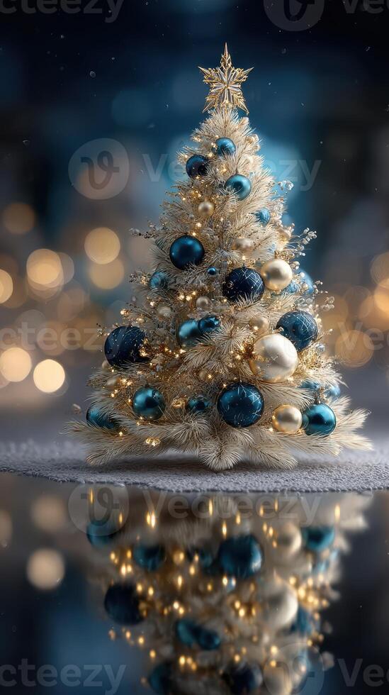 Elegant Christmas tree adorned with blue and gold ornaments displayed in festive atmosphere at night photo
