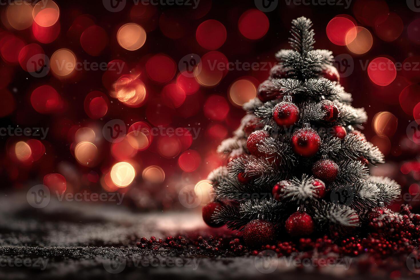 Festive Christmas tree adorned with red ornaments and shimmering lights in a cozy winter setting photo