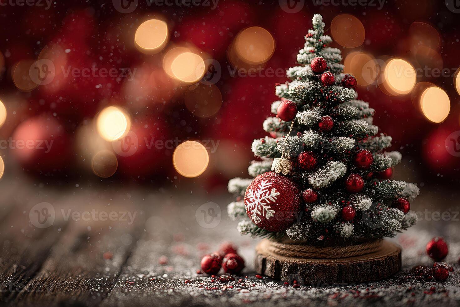 Festive small Christmas tree adorned with red ornaments and snow effect on a rustic wooden surface photo