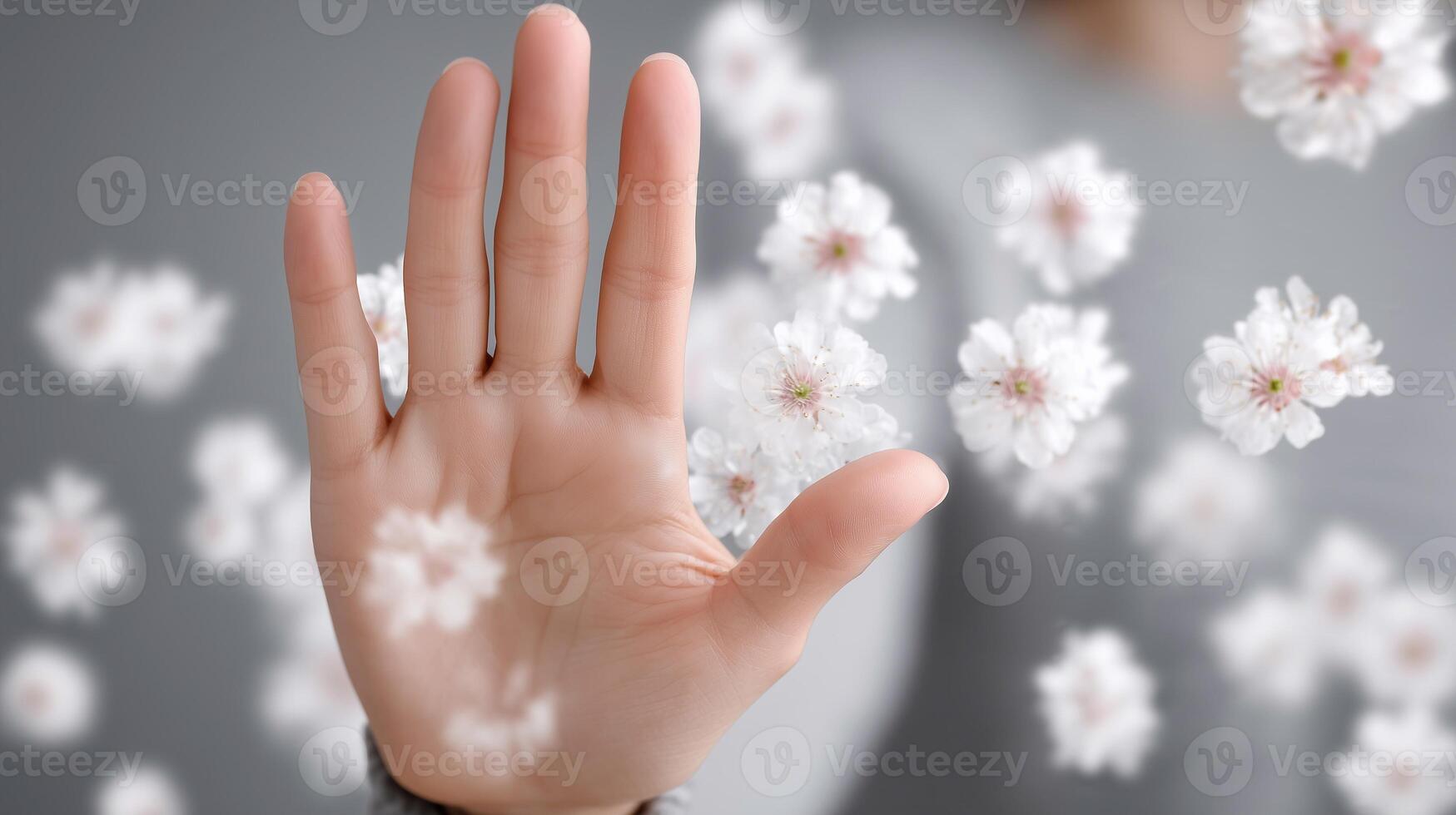 Raised hand signaling stop to floating flower pollen. Concept of spring allergy, immune response, and protection from environmental irritants during blooming season. photo