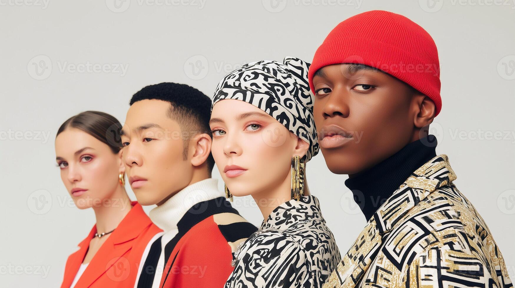 Diverse fashion models in luxurious designer outfits. High-end style, bold beauty, cultural elegance, and modern identity in a stylish editorial look. Perfect for luxury campaign visuals. photo