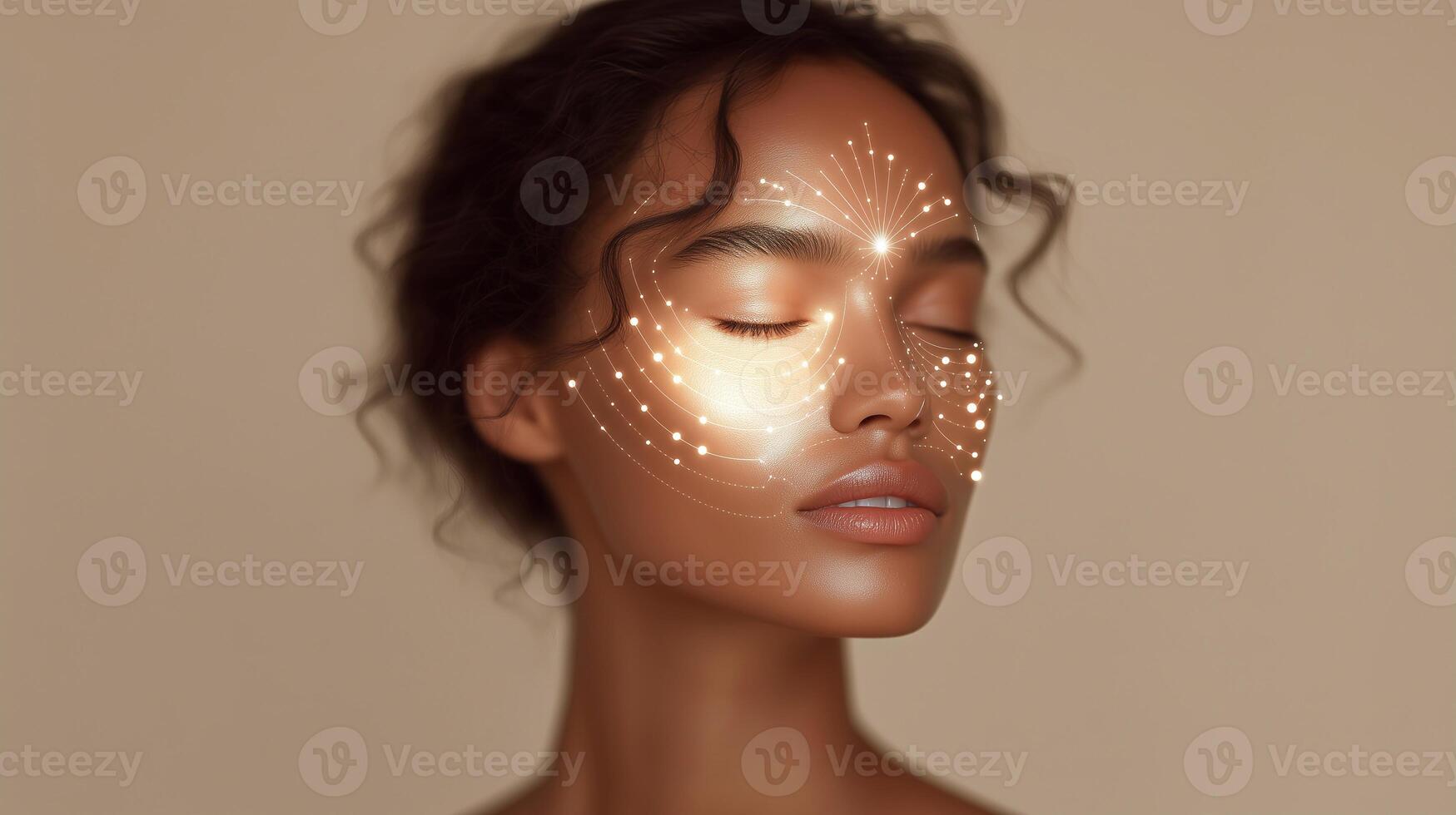 Dark-skinned woman with radiant skin and futuristic light patterns on her face representing innovative skincare technologies, beauty innovation, biotechnology, and dermatological science. photo