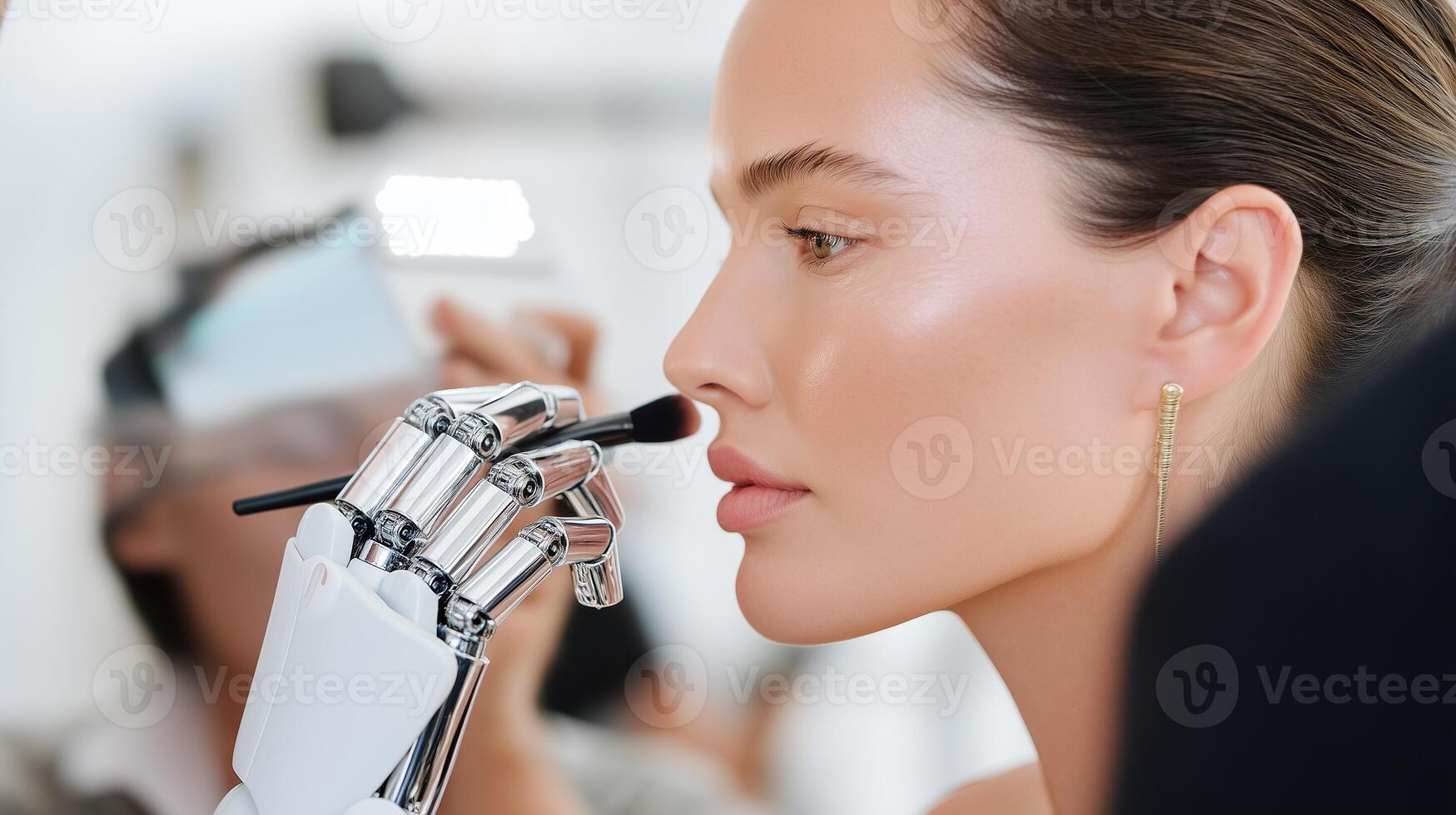 Futuristic robot applying makeup to woman with brush. Advanced beauty technology, AI in cosmetics, innovation in skincare and automation in modern beauty industry concept. photo