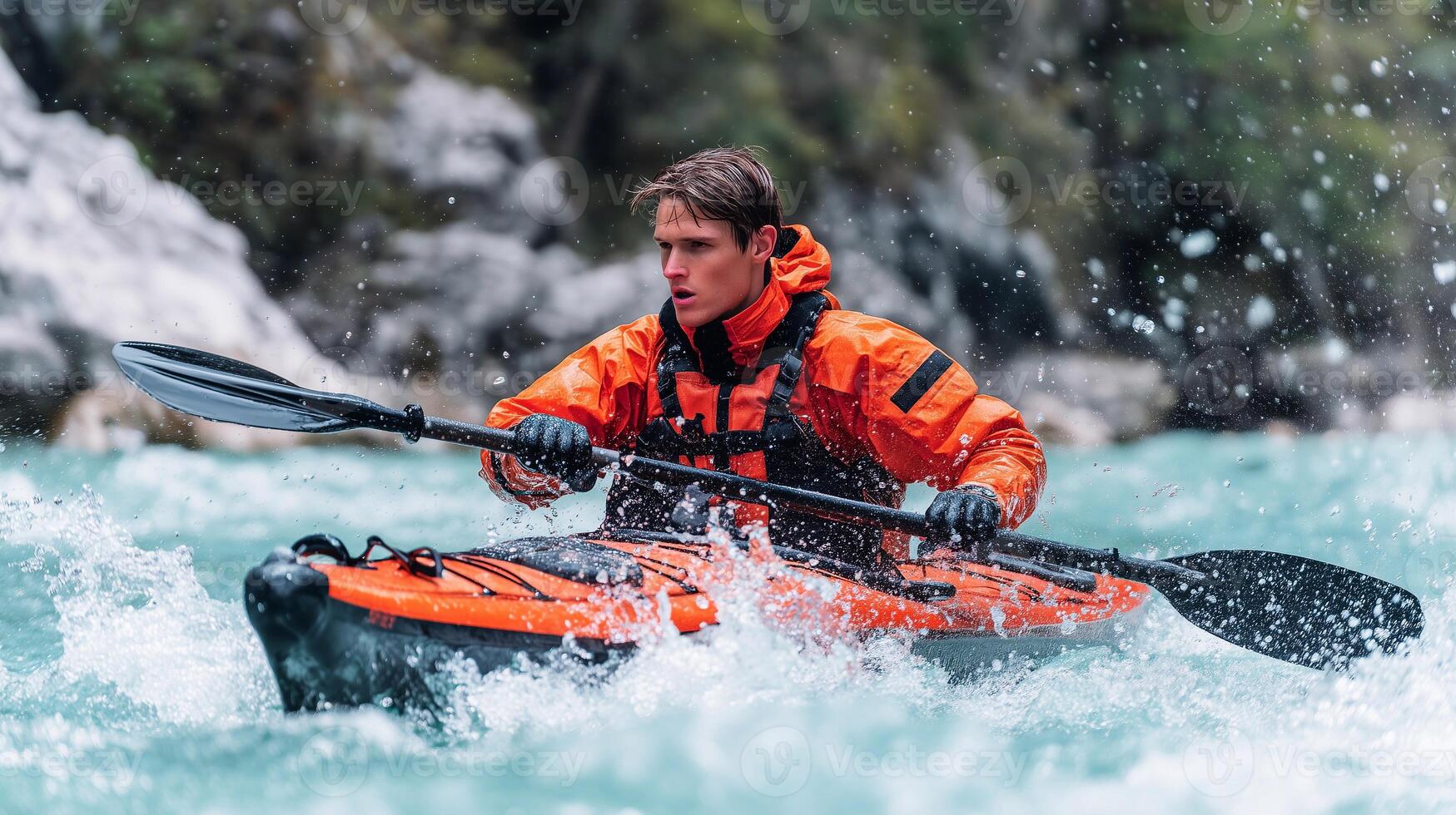 Young man kayaking in wild river rapids wearing orange waterproof jacket and life vest, intense outdoor adventure action scene with water splashes and focus on extreme sport. photo