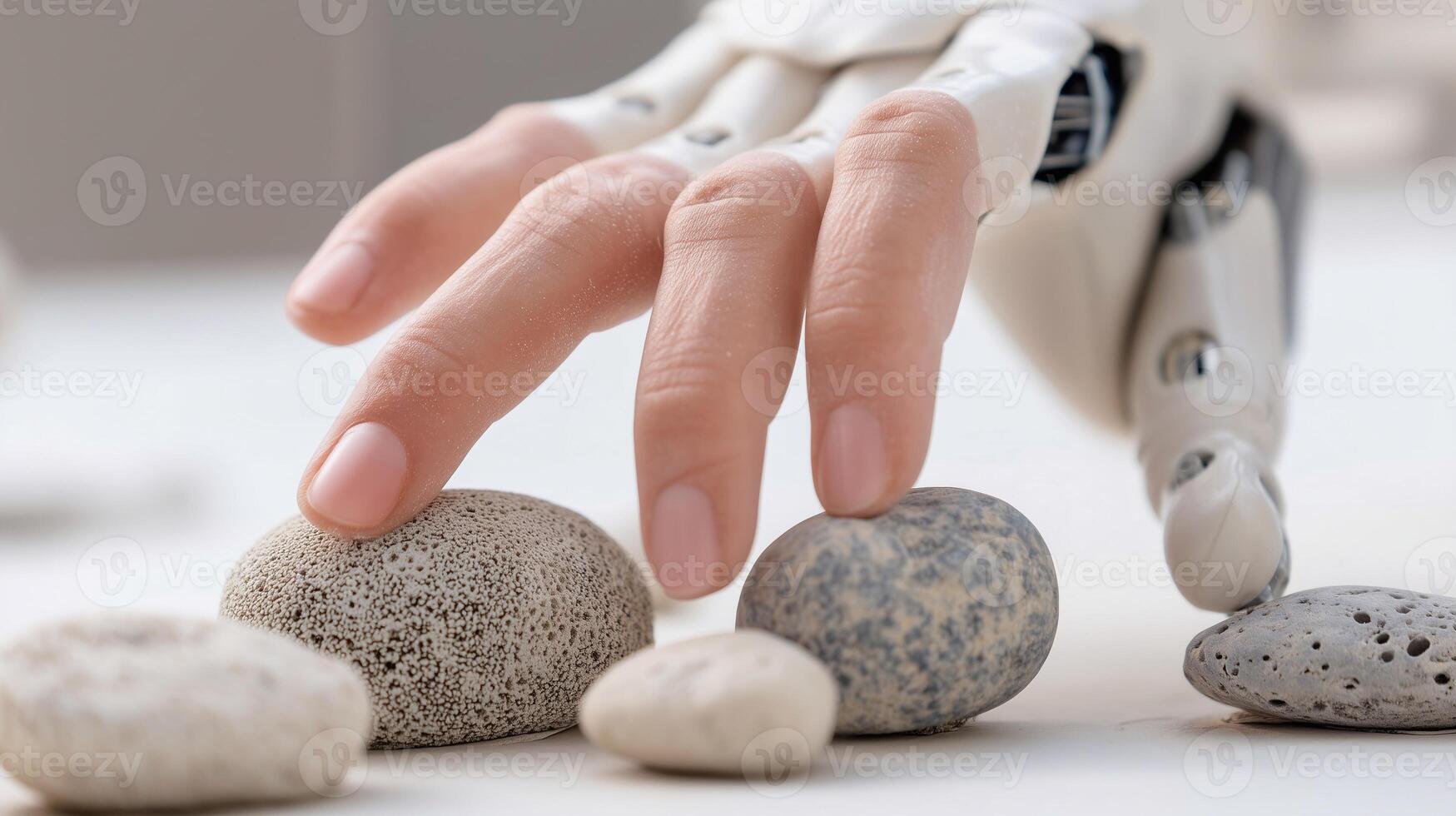 Prosthetic hand with lifelike skin touching textured stones, advanced robotics, human-robot interaction, realistic prosthesis, tactile technology, innovation in artificial limbs. photo